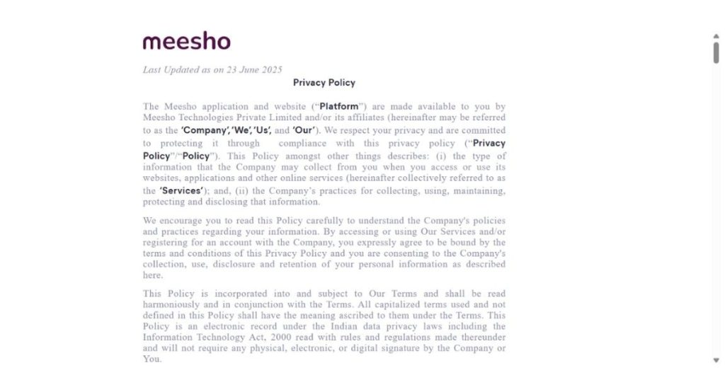Meesho's Privacy Policy Meesho's Privacy Policy