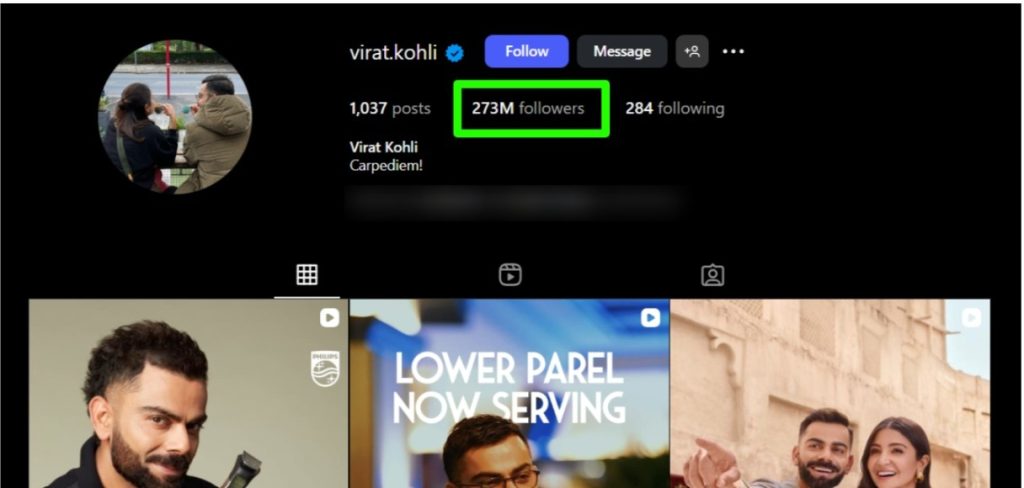 273 million followers of Virat Kohli on Instagram 273 million followers of Virat Kohli on Instagram