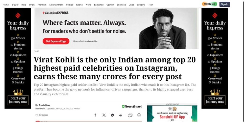 Virat Kohli highest-paid Indian on Instagram Virat Kohli highest-paid Indian on Instagram